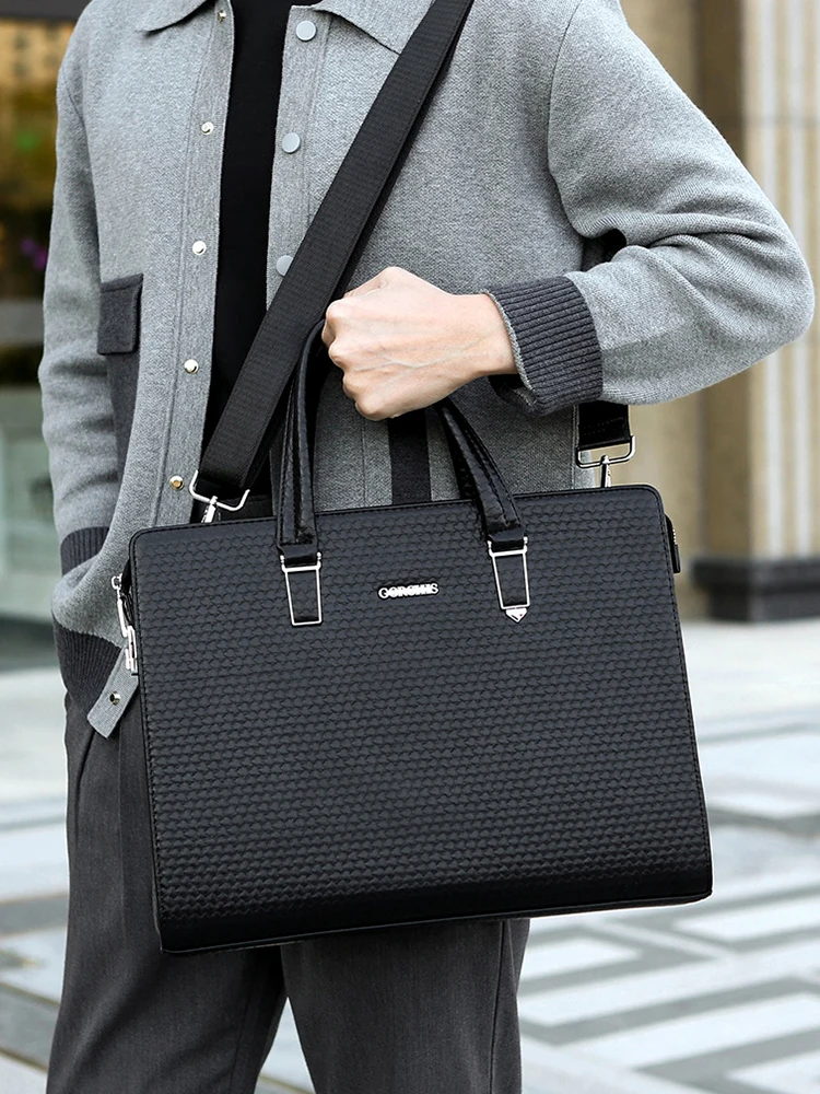 Men'S Briefcase PU Leather Luxury High Quality Executive Document Portable Shoulder Portfolio Large Capacity Business Side Bag