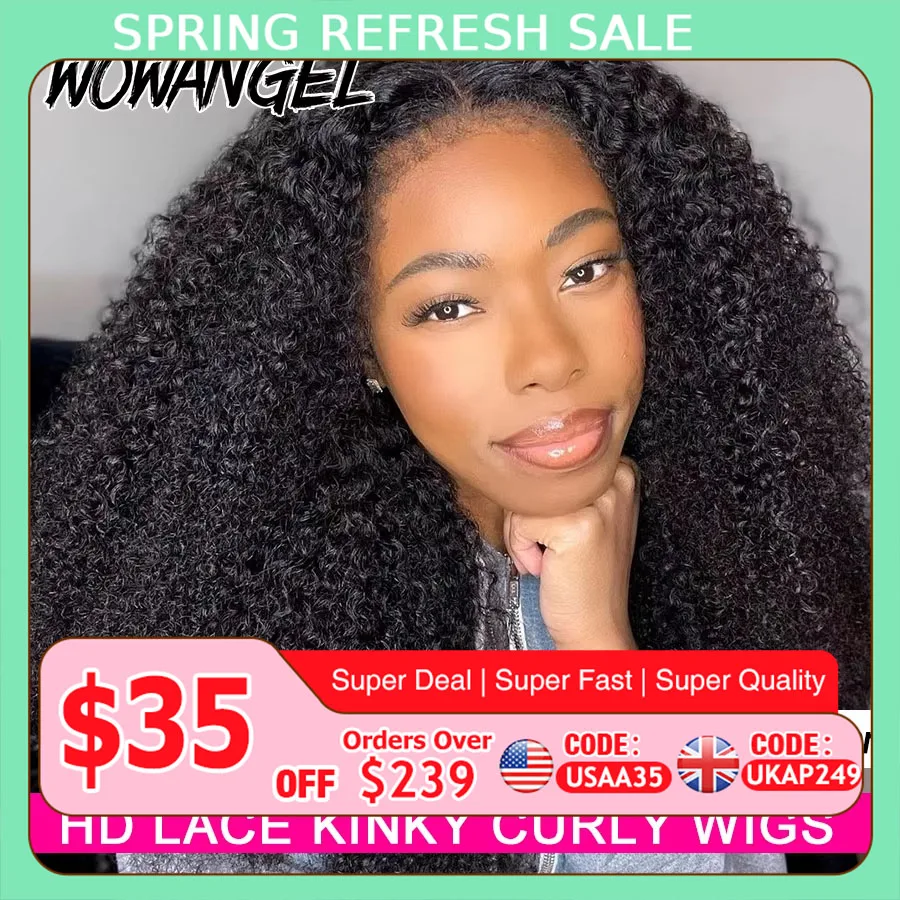 Wow Angel 250% Afro Kinky Curly Wigs 13x6 HD Lace Full Frontal Melt Skins 13x4 Lace Frontal 100% Human Hair Wigs For Woman