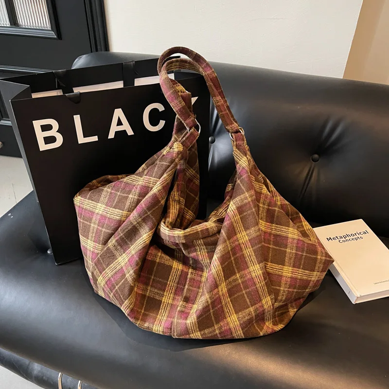Women's Plaid Shoulder Bag, Large Capacity Hobo Tote with Adjustable Strap, Casual Retro Checkered Purse for Fall
