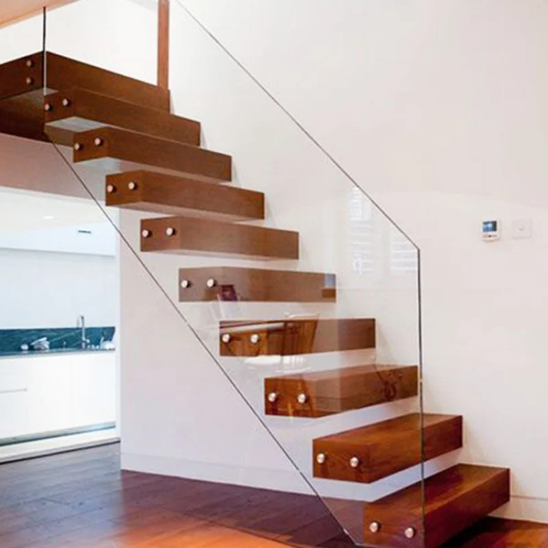 custom.Modern Design Interior Straight Wooden Floating Stair Tread Steps and Tempered Glass Panel Railing Handrail Staircase Sys