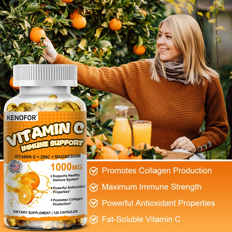 Vitamin C - 1000 Mg, 120 kapsul, sistem imun dan Collagen Booster, Vitamin C larut dalam lemak yang sangat menyerap, Vitamin C kulit