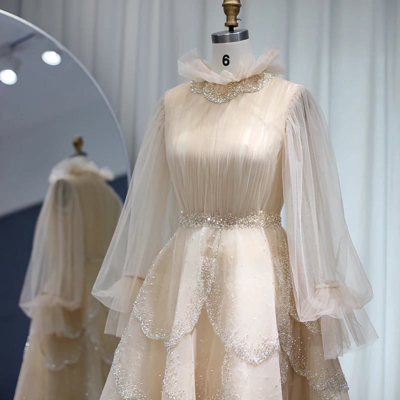 Sharon ha detto abiti da sera musulmani a maniche lunghe Champagne 2022 lusso Dubai in rilievo arabo formale Dreess per le donne festa di nozze