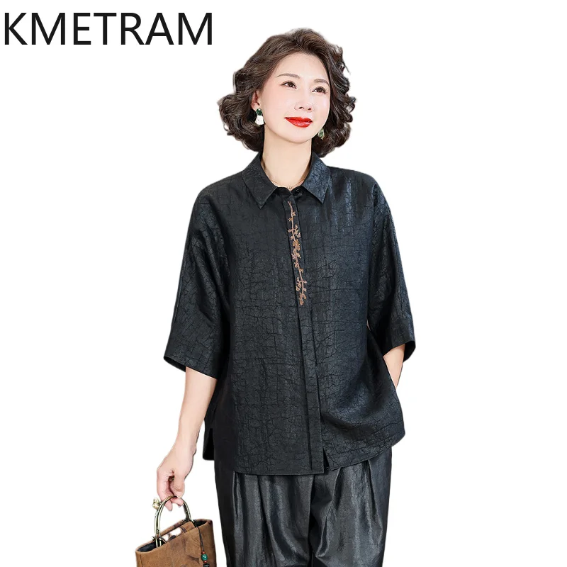 

KMETRAM 100% Mulberry Silk Blouses for Women 2026 Summer New Embroidered Vintage Xiangyunsha Half Sleeved Shirts Roupas Feminina