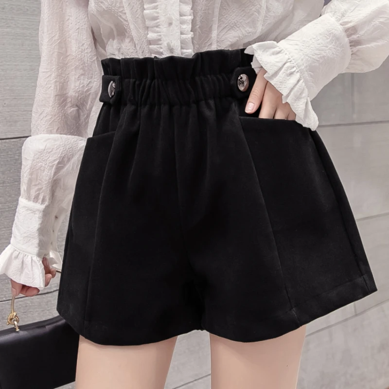 Black Woolen Shorts Women Chic Folds High Waist Design Loose Autumn Winter College Vintage Streetwear Lovely Female Classy Basic