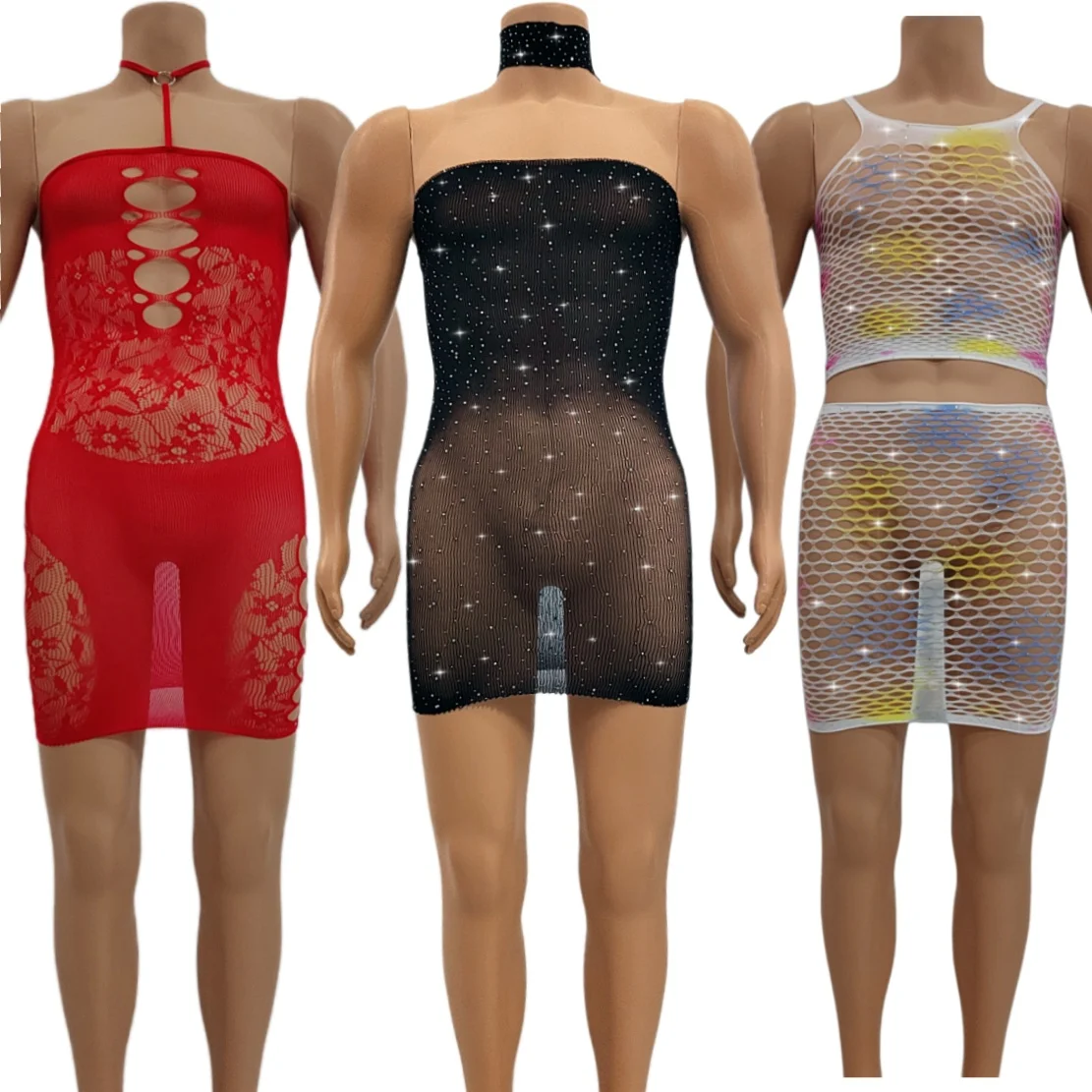 Sexy Rhinestone Lingerie Set, Dress & Two-Piece Separates, Slimming Sheer Cutout Sleepwear, Sizes XS/S/M
