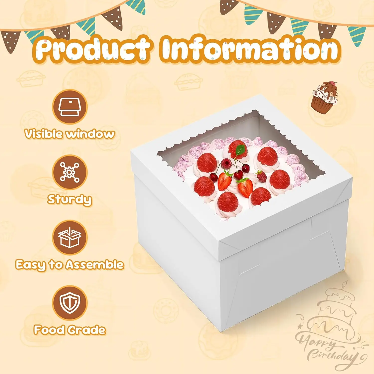 3 Pack Cake Boxes, 10x10x8 Inches Tall Cakes Box with Window, White Cake Boxes with Cakes Boards, Square Bakery Box, for Cake, T view 2
