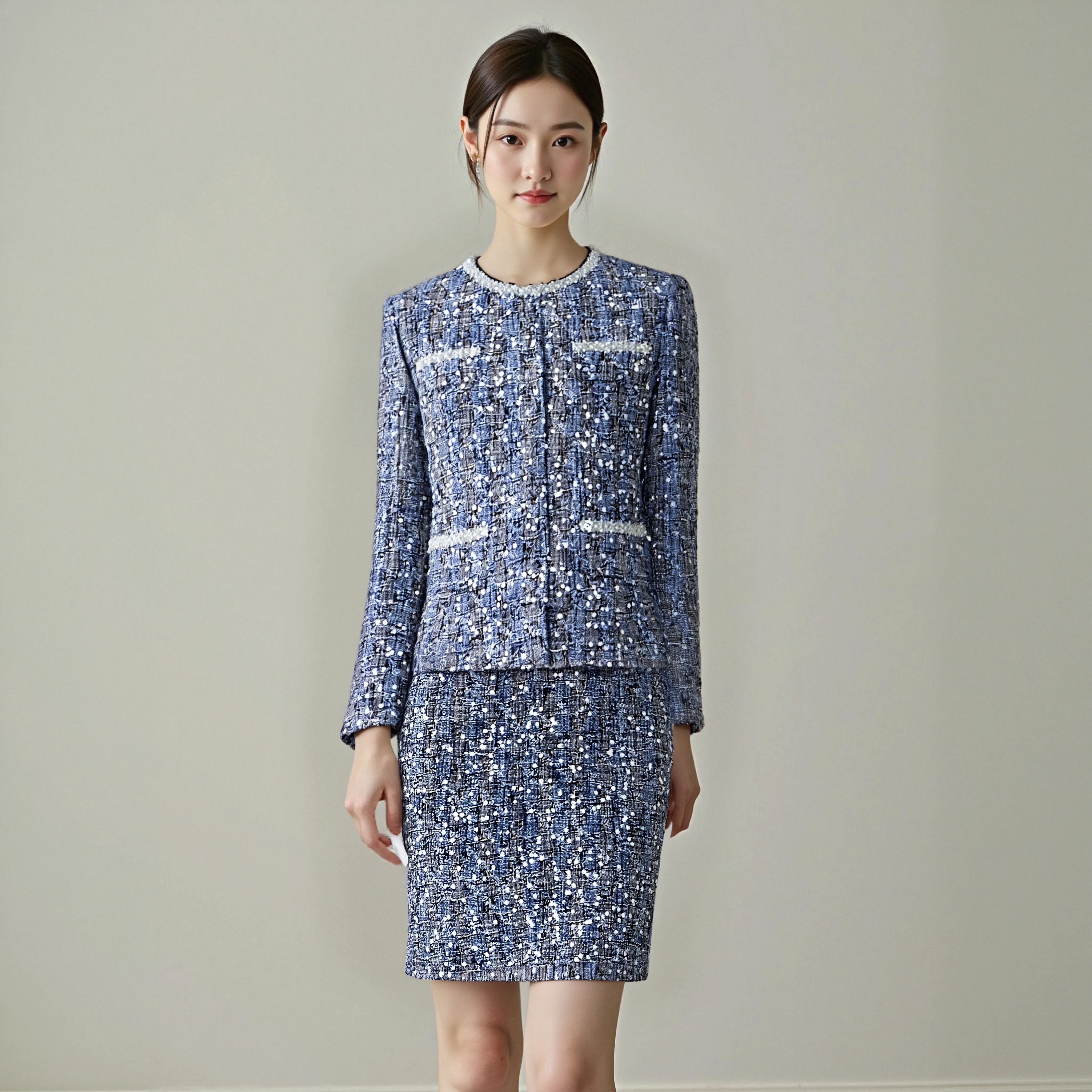 

Elegant Light Luxury Two-Piece Set with Beading Sequins Design 'Little Fragrance' Fashion Coat And Skirt Suit for Premium Style