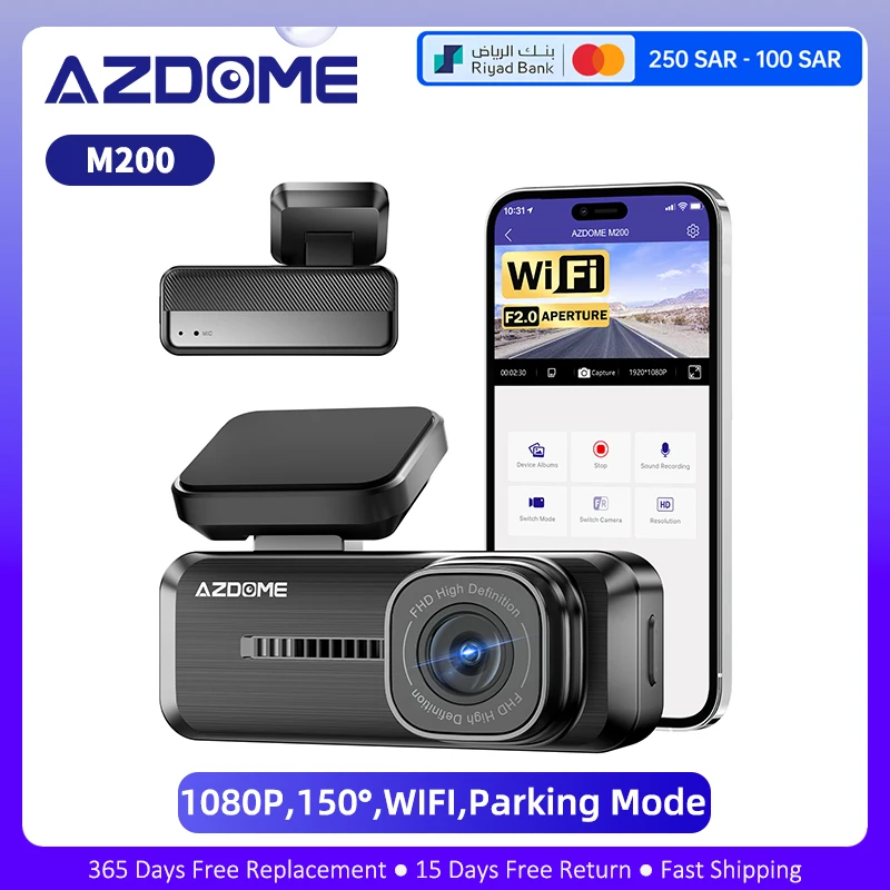 AZDOME Mini Dash Cam M200 Car DVR WiFi Dashcam 1080P Front Dash Camera for Cars Hidden Car Camera 24H Parking Mode Night Vision