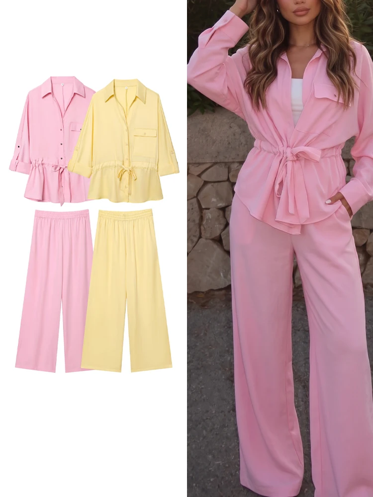 Conjunto Casual de 2 Piezas para Mujer HH, Top con Solapa y Cordones, Decoración de Bolsillos, Pantalón Ancho Holgado, Traje para el Trabajo, Otoño 2026