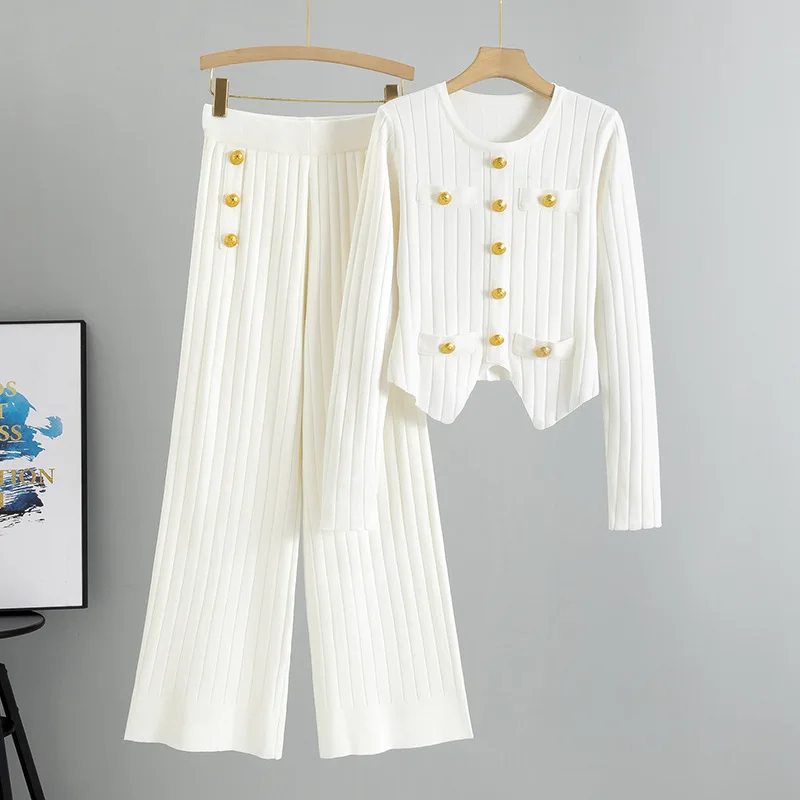 

Women Long Sleeves Chic Buttons Pullovers+Elastic Long Pants Two Pieces Sets Elegant Fashion Spring Suits Vintage Sweater