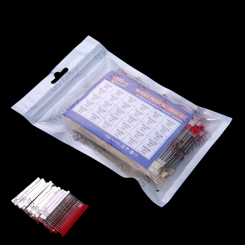600PCS 3V 1N47 series 30Values 1W Zener Diode Kit 3V-47V Box for Electronics Voltage Regulation Projects 1N4727A/1N4732A/1N4742A