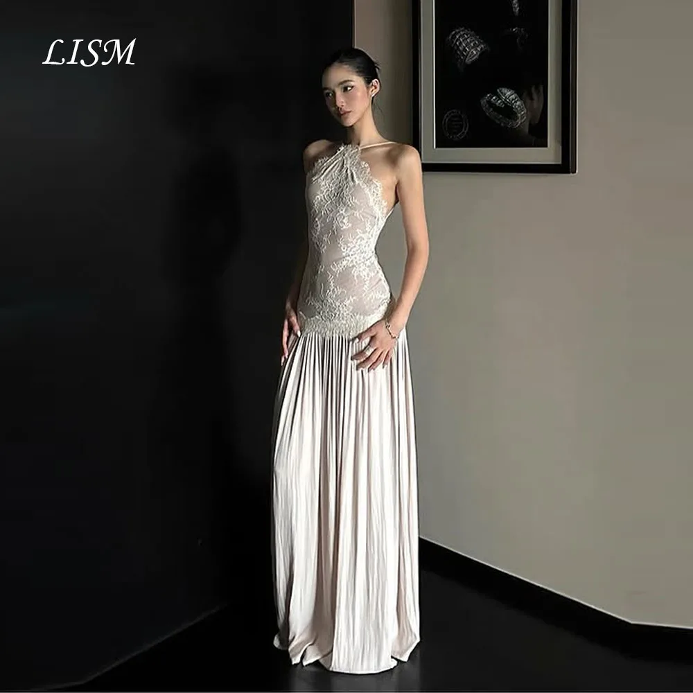 

LISM Halter A-Line Evening Dresses Silk Lace Satin Backless Long Elegant Prom Dresses Customized robe de soirée Party Dresses