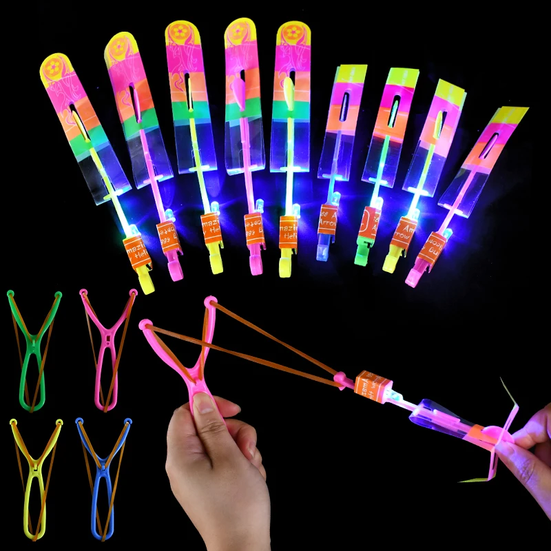 10pcs Amazing Flying Arrow Slingshot Glow In The Dark Luminous Led Light Toys Fun Gift Rubber Band Catapult Birthday Party Gift