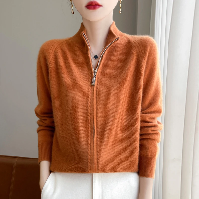 Addonee New Women Zipper Cardigan Autumn Winter Mock Neck Long Sleeve Cashmere Sweater 100% Merino Wool Knitwear Korean Tops