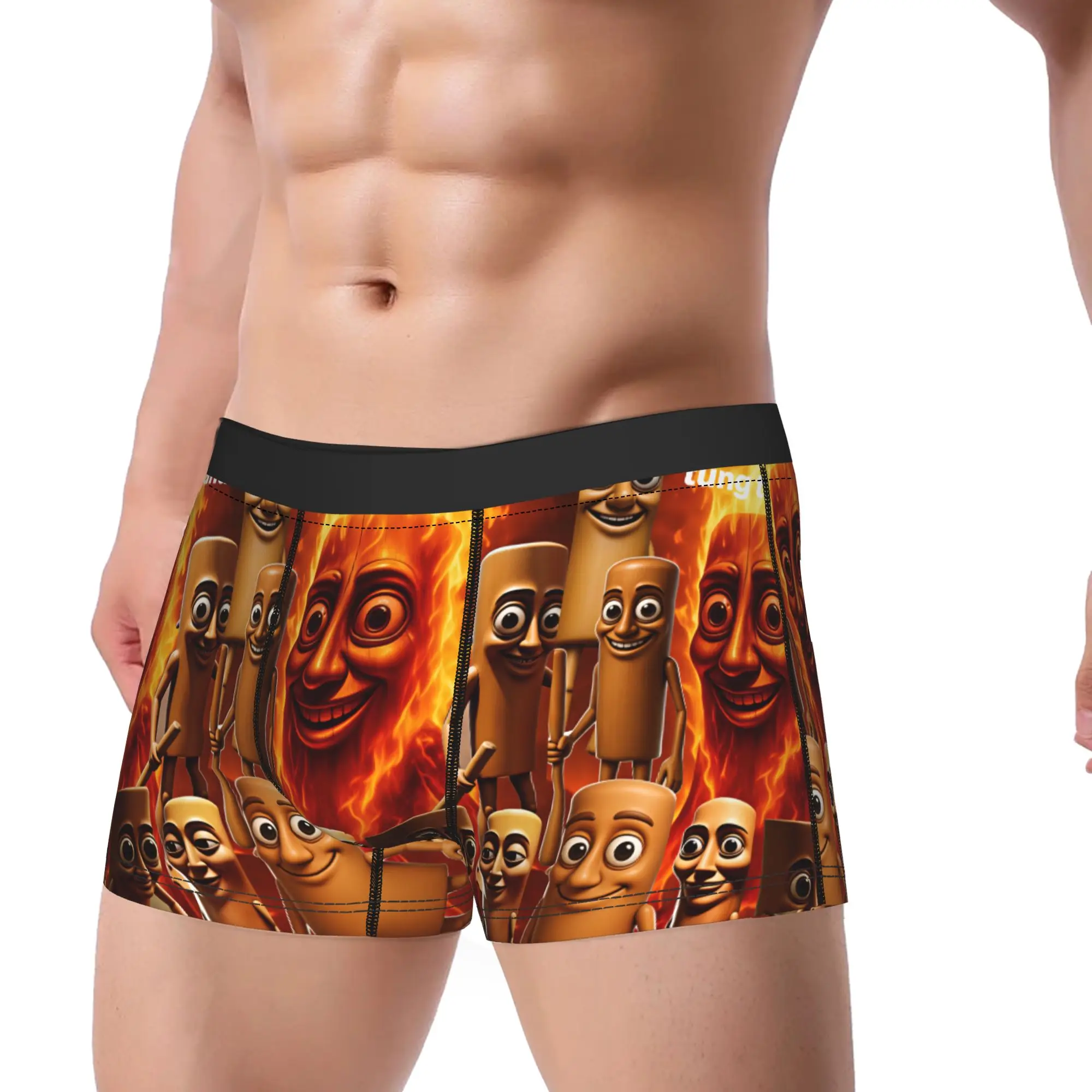 Tung Tung Sahur Multi Character Fire Boxer Shorts 3D Pouch Underwear Hot Sale Pattern Boxer Brief Sexy Soft Men Panties Big Size