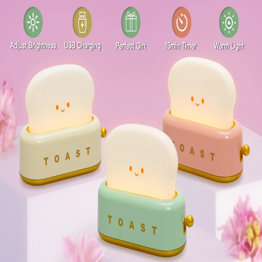 Toaster Night Light Lamp Rechargeable Small Lamps with Smile Face Cute Bread Shape for Bedroom