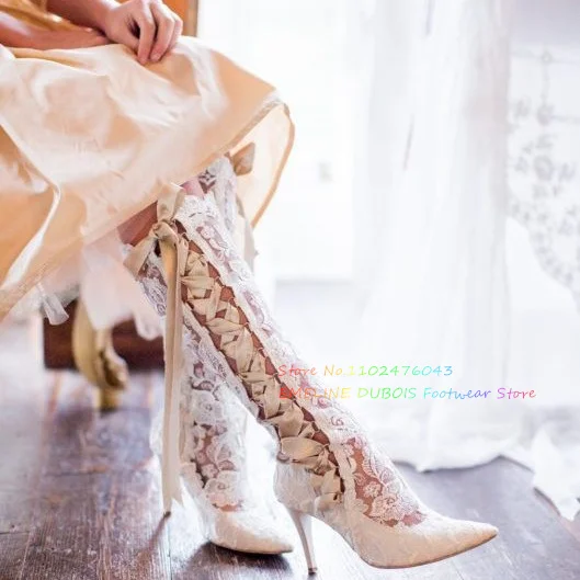 

White Lace Wedding Shoes Stiletto Heel Ribbon Lace-Up Knee High Boots Solid Color Pointed Toe Runway Stage High Heel Boots