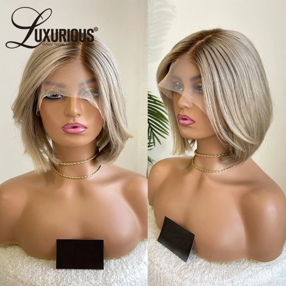 13 x4 parrucca anteriore in pizzo biondo cenere capelli umani Bob corto trasparente 5x 5 parrucche con chiusura in pizzo Pixie Cut colore marrone prepizzicato