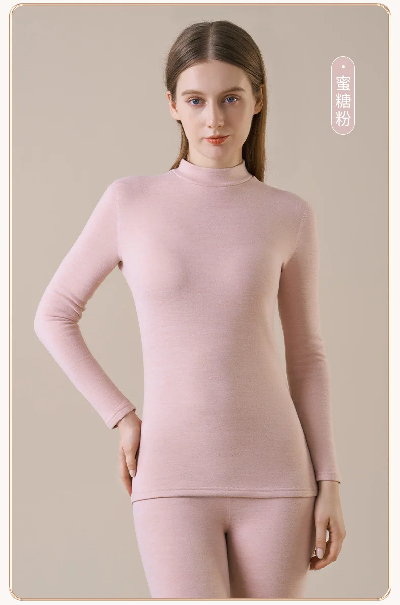 Damen-Thermo-Unterwäsche aus Kaschmirseide, Thermoshirts, warme Hosen, verdickte, einfarbige, halbrollkragenartige Oberteile, langärmlige Winterkleidung. – Detail 16