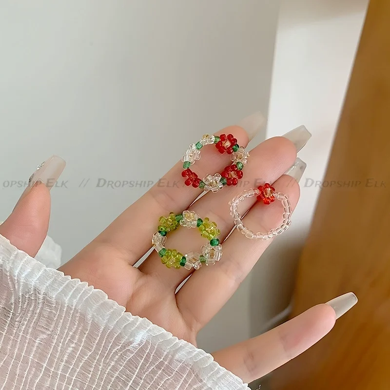 Anillos elásticos con cuentas de cristal para mujer, bonitos cuentas de caramelo, anillo de flores tejido hecho a mano para regalos de joyería bohemia de verano