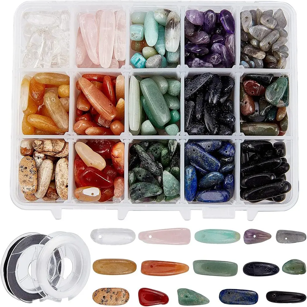 1 Box Chips Beads 15 Materials Chips rregular Beads Gemstones Beads with 2 Rolls Elastic Thread for Jewelry Making DIY Crafts