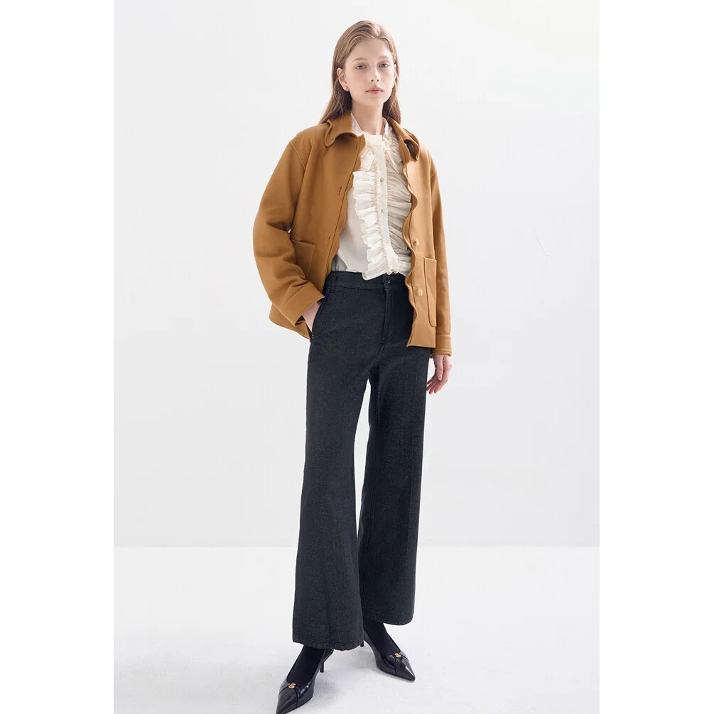 Jaqueta de Couro Sintético Estilo Commute QPP com Gola de Babados Design Emaecido Moda Fena Casaco de Manga Longa de In...