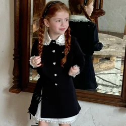 Girls Skirt 2024 spring and autumn New Girls Black Lace Half Skirt Children Lace Patchwork Skirt