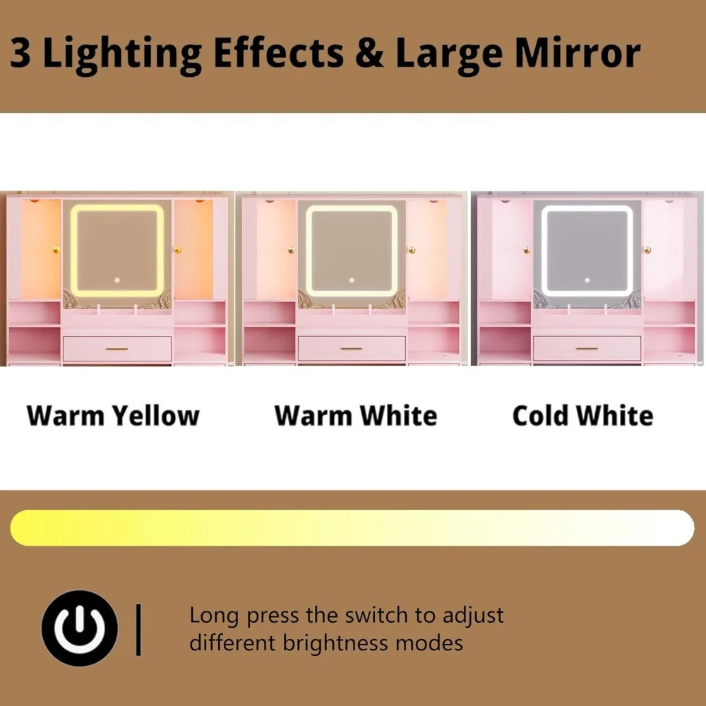 مكتب مكياج مضيء بإضاءة LED مع 7 أدراج وخزائن RGB وكرسي قابل للتعديل وشريط طاقة باللون الوردي