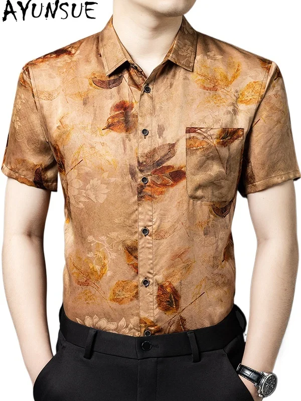 

AYUNSUE 100% Real Mulberry Silk Shirts for Men 2026 Summer Short Sleeve Tops Fashion Gauze Silk Shirt Man Clothing Casual Shirt
