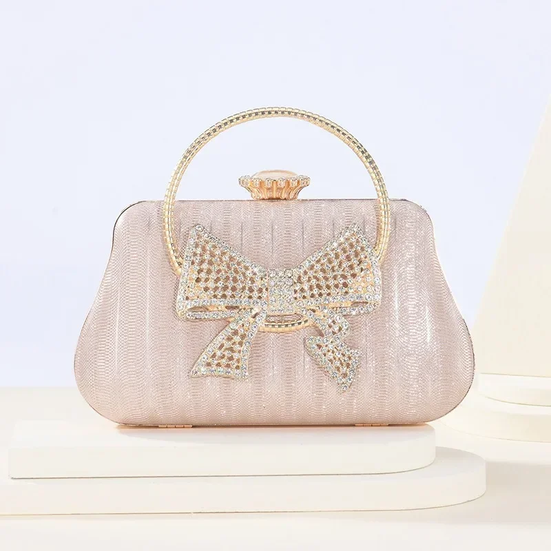 Sweet Girls Prom Party Evening Bags Women Three-dimensional Bow Pink Bag Textured Blingbling Handbag with Crossbody Chain