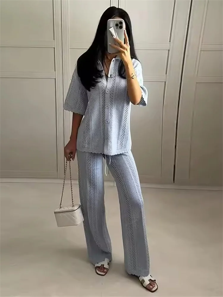 

Casual Knitted Pants Suit Women Lapel Short Sleeves Hollow Out Single Breasted Top+ Long Wide Leg Pants Sets 2025 Summer Outfits
