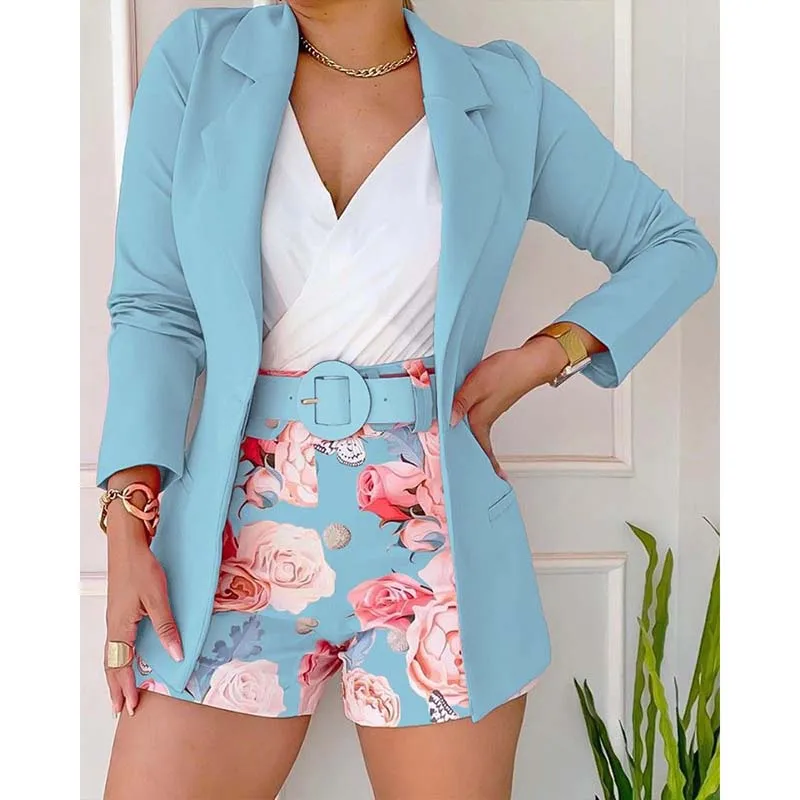 

New 2026 Women Long Sleeve Blazer & Floral Print Shorts Set With Belt Casual 2 Piece Suit Sets Womens Female Outfits Set 2PCS