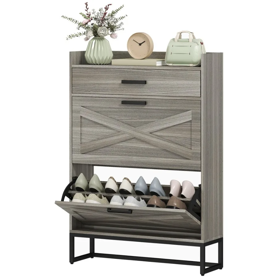 

HOMCOM Slim Shoe Organizer Cabinet 2 Flip Drawers Distressed Gray for 12 Pairs