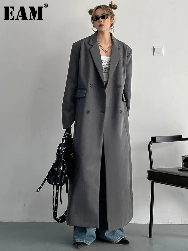 

[EAM] Women Gray Brief Long Big Size Elegant Trench New Lapel Long Sleeve Windbreaker Fashion Tide Spring Autumn 2024 1DF8351