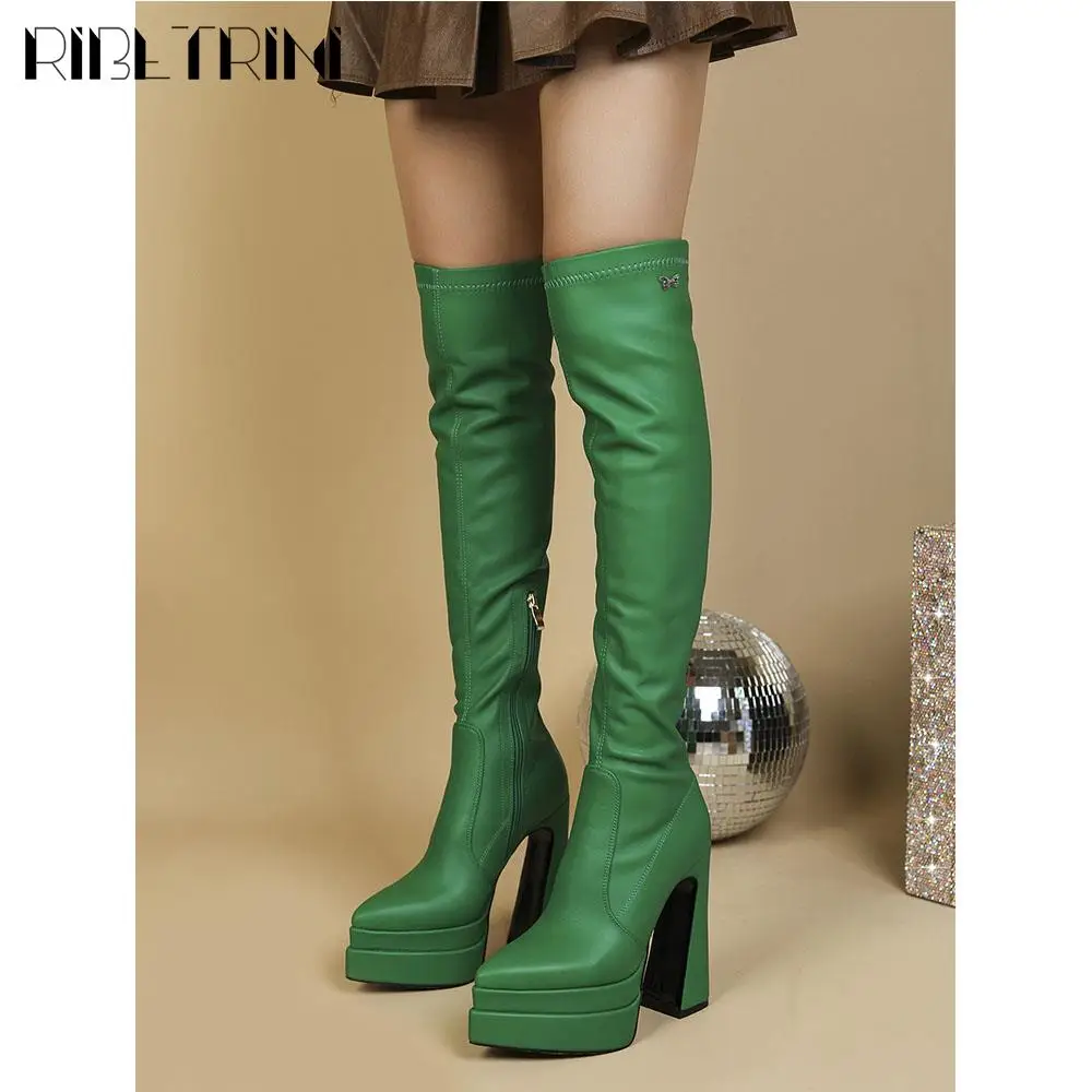 Platform Women Motorcycle Boots Chunky High Heeeled Over The Knee High Elastic Boots Sexy Luxury Trendy Elegant Party Lady Shoes