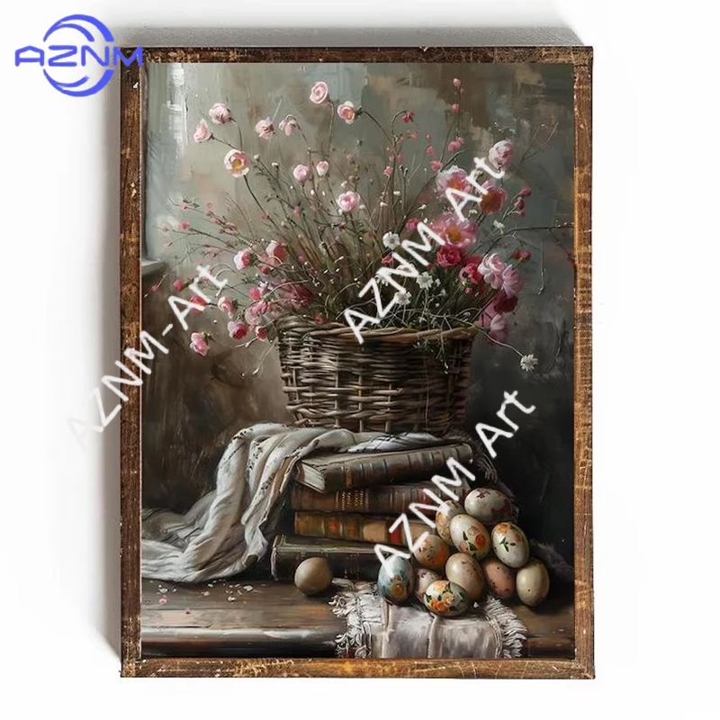 Kunstvolle Osterdekoration: Vintage-Buchdruck im Dunklen Cottagecore-Stil für Eier- und Blumendrucke an der Wand