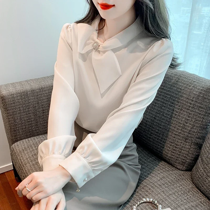 Office Lady Stand Collar Women Blouse New Long Sleeve Bow Chiffon Blouse Shirt Women Tops Blouses Shirts Camisas De Mujer H289