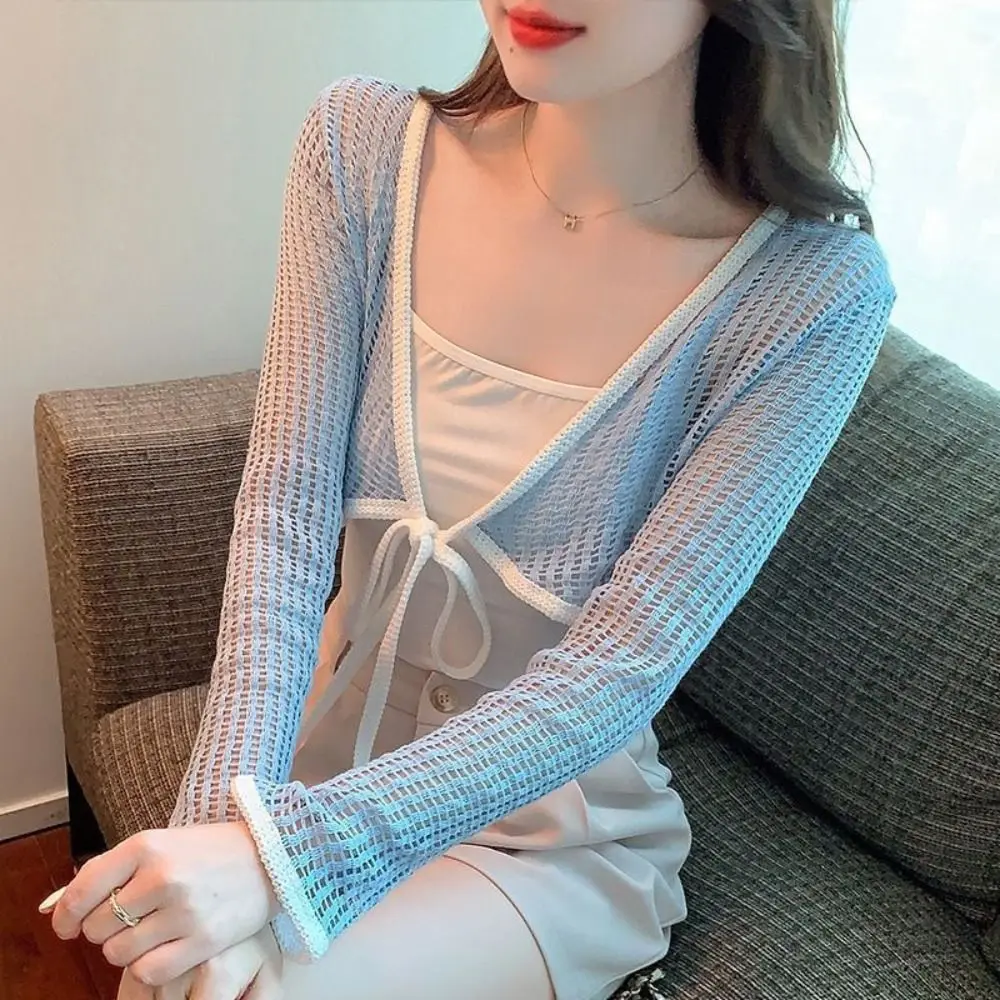 Sunscreen Crop Knit Cardigan Women Solid Color Thin Cardigan Coat Woman Simple Long Sleeve Smock Top Air-Conditioning Shirt