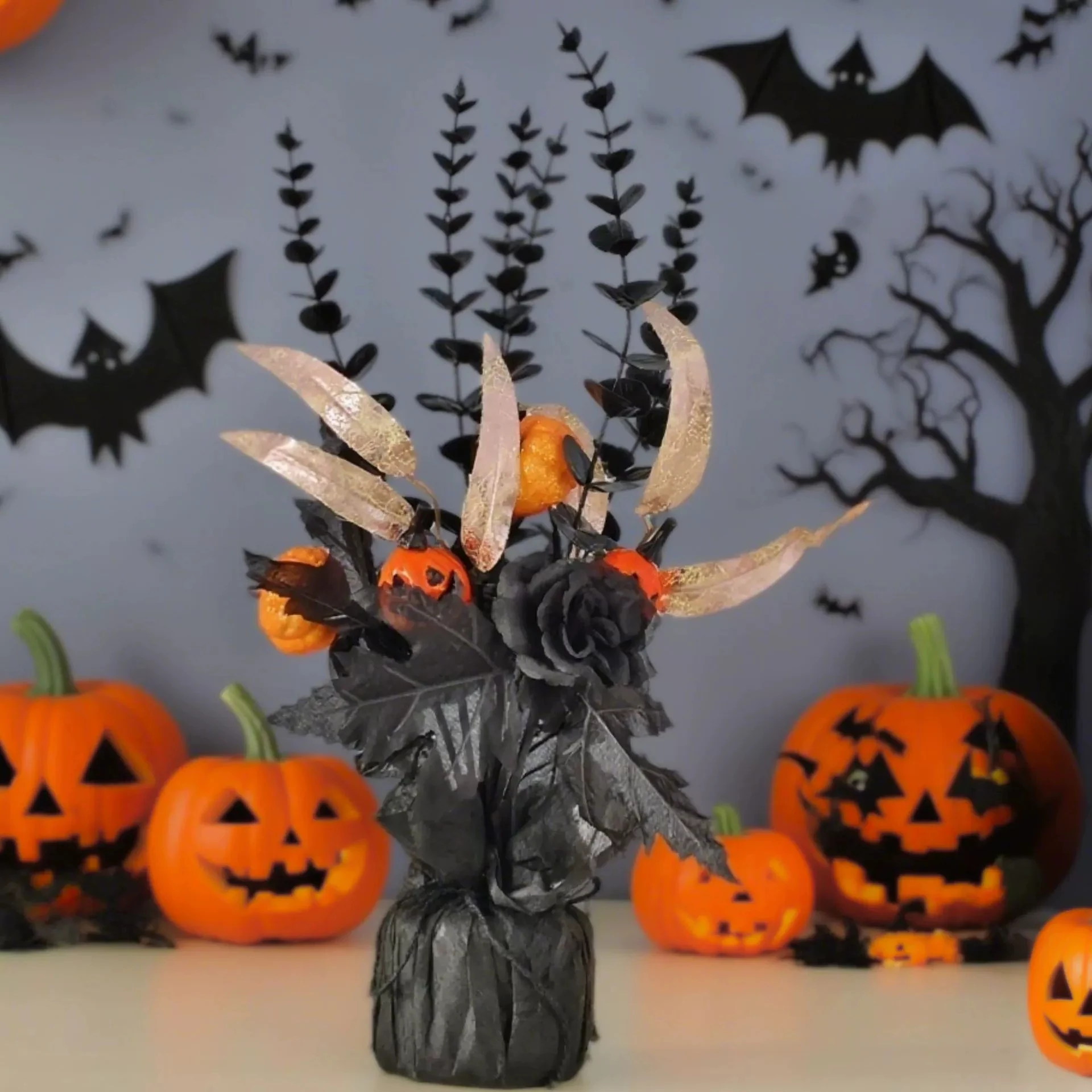 

Black Eucalyptus Stems and Pumpkins Artificial Flower Faux Plant for Halloween Bathroom Kitchen Table Gothic Indoor Home Decor