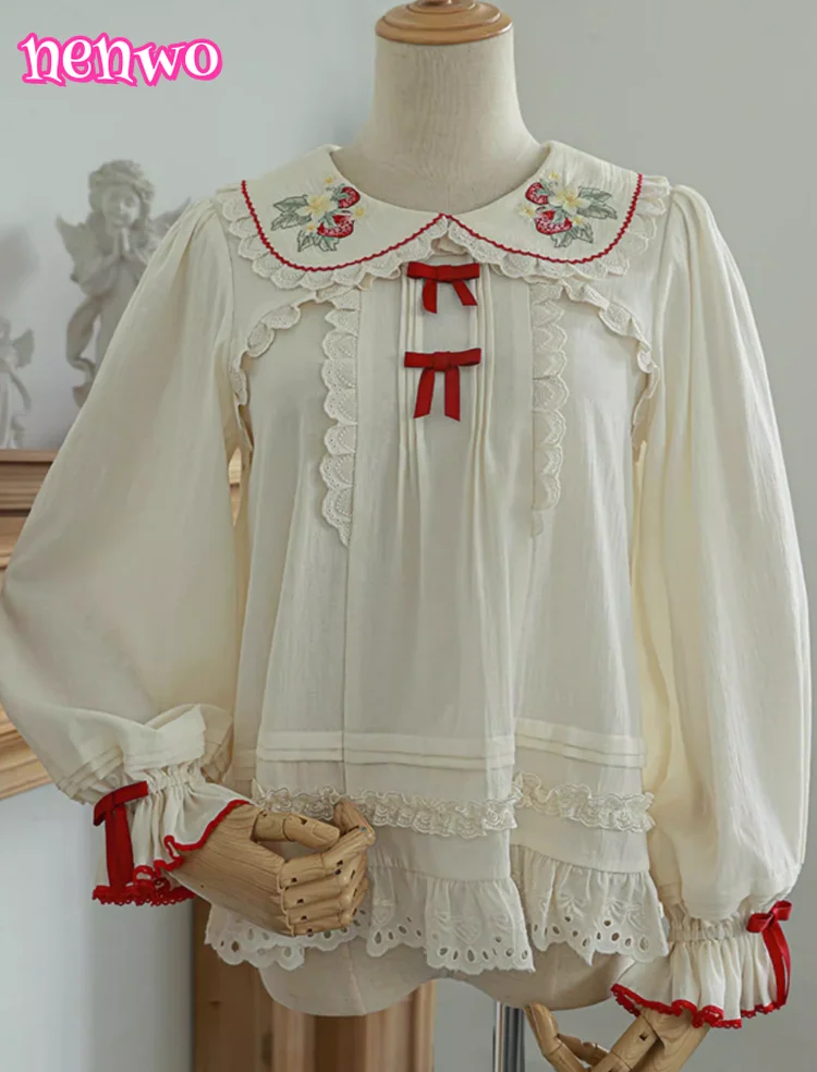 

Оригинальная милая клубничная вышивка Лолита, легкая внутренняя одежда, в наличии, милый длинный кукольный воротник с короткими рукавами, внутренняя подкладка