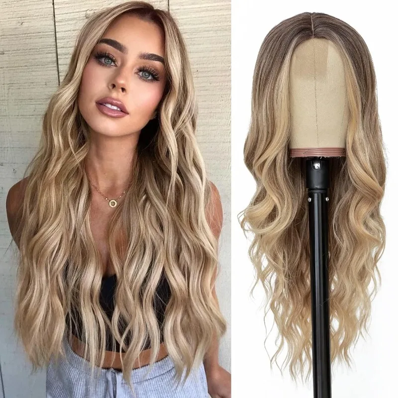 

Long Ombre Blonde Wavy Wig for Women 26 Inch Middle Part Curly Wavy Wig Synthetic Heat Resistant Wave Wig for Daily Party Use
