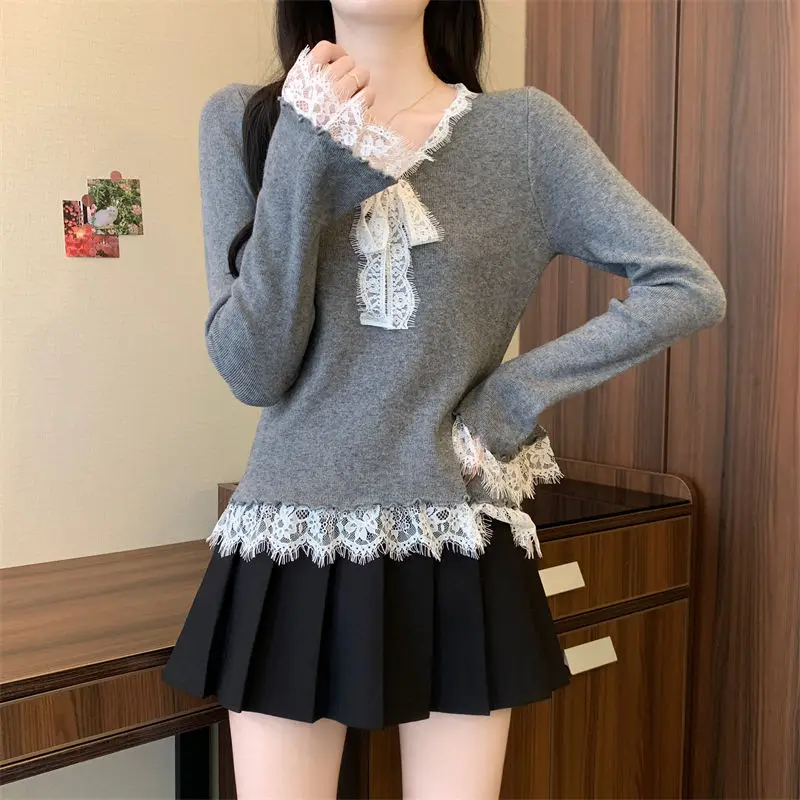 Модный французский темпераментный кружевной свитер с бантом, женский осенне-зимний тонкий базовый свитер с длинными рукавами