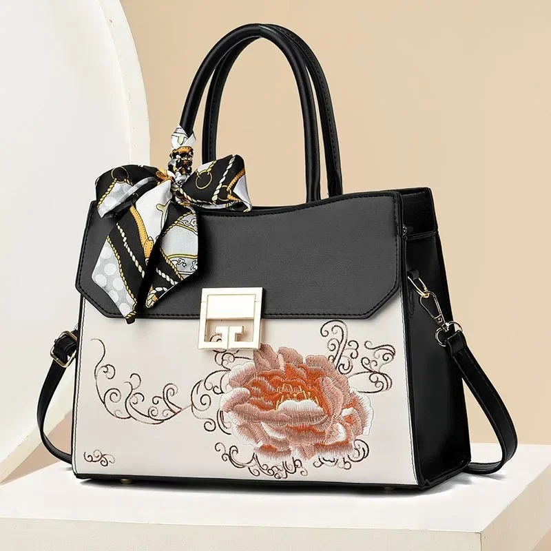 Peony Flower Embroidered Mother Package Large Capacity Women Top-Handle Bags National Style Middle-aged Atmosphere Crossbody Bag