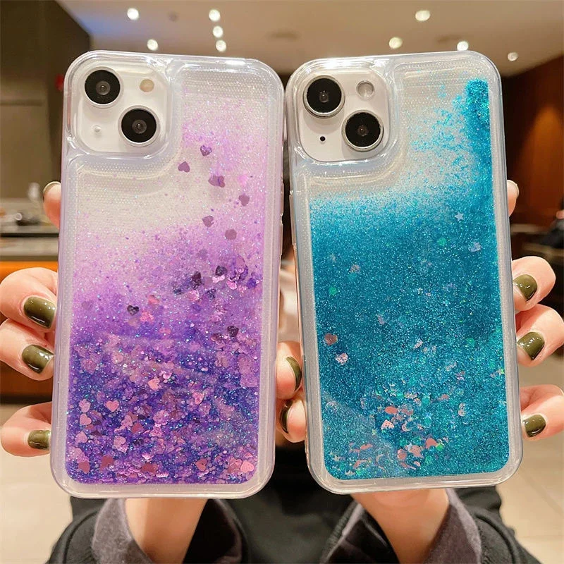 Liquid Soft Silicone Phone Case for iPhone 13 14 16 Pro Max 15 Plus Cover Glitter Quicksand Water Coque Heart Float Sequins Capa