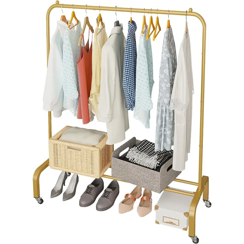 Metal Clothing Rack with Wheels 43.3 Inches Rolling Clothes Garment Coat Rack with Bottom Shelf Clothing Rack