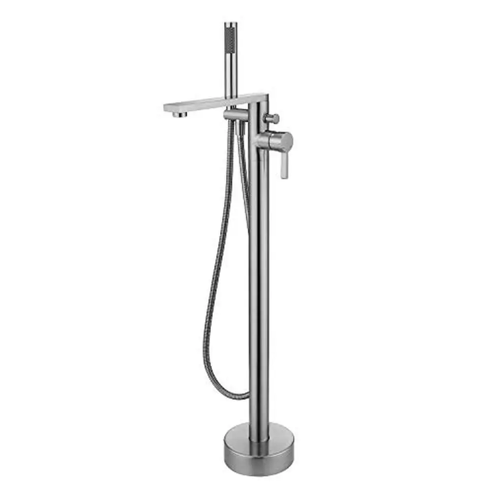 Floor Mount Brushed Nickel Bathtub Faucet Single Handle Brass Tub Filler Hand Shower 360 Swivel Spout Tripod Base Design