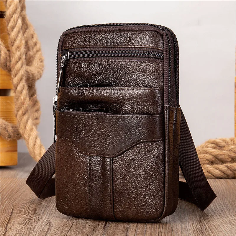 Fashion Men\'s Messenger Bag Solid Color PU Bag Mobile Phone Shoulder Bag Small Travel Waist Bag Multi-Pockets Male