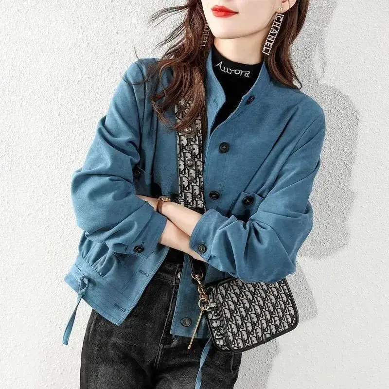 Women\'s Clothing Solid Color Streetwear Coats Stand Collar Casual Pockets Spliced Spring Autumn Commute Single-breasted Jackets