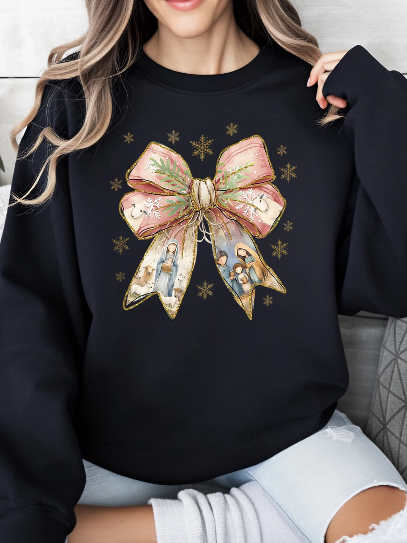 

Толстовка с рождественским бантом и принтом Рождества, женская праздничная повседневная одежда, черная, больших размеров