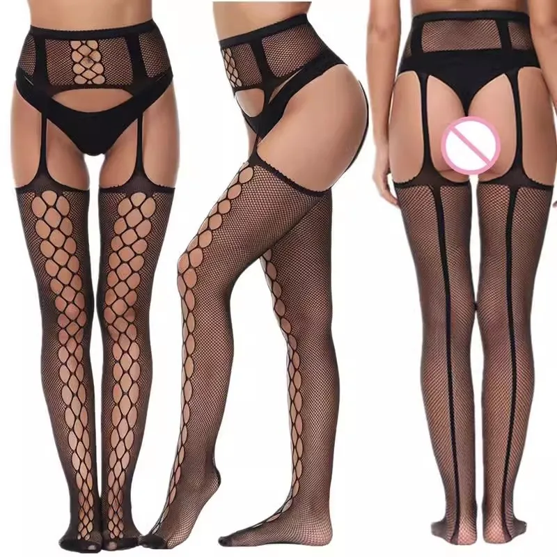 4XL Plus Größe Hohe Taille Fishnet Strumpf Strumpfband Sexy frauen Offenen Schritt Dessous Enge Mesh Strumpfhosen